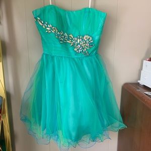 strapless green and blue homecoming dress